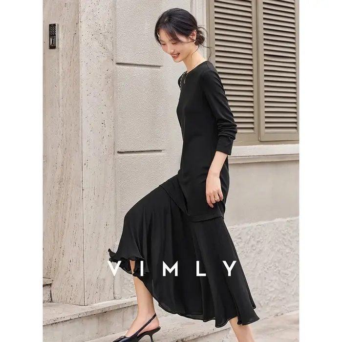Robe longue VIMLY pour femme, collection automne 2026, décontractée, noire, à empiècements, coupe trapèze, élégante, à manches longues, pour occasions spéciales et vie quotidienne