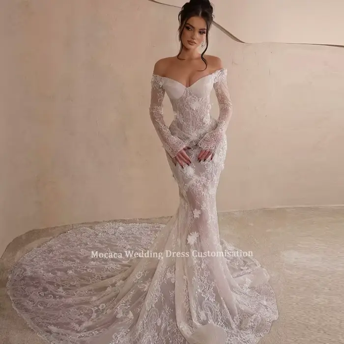 Robe de mariée Mocaca personnalisée en chiffon et satin, avec soutien-gorge intégré, forme trompette/sirène, décolleté haut, disponible en blanc, champagne, ivoire et multi, pour mariages et événements formels