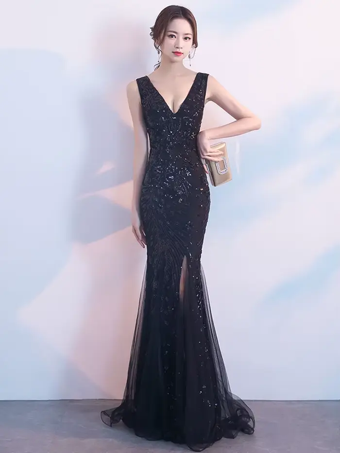 WomenSleveless robes De soirée élégante sirène Robe formelle tulle paillettes Robe De bal dentelle R