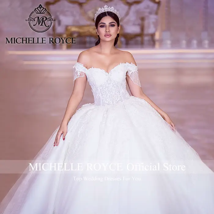 Robe de bal Michelle Royce en polyester et soie avec train royal et décorations de perles et de cristal pour femmes à offrir pour des occasions spéciales