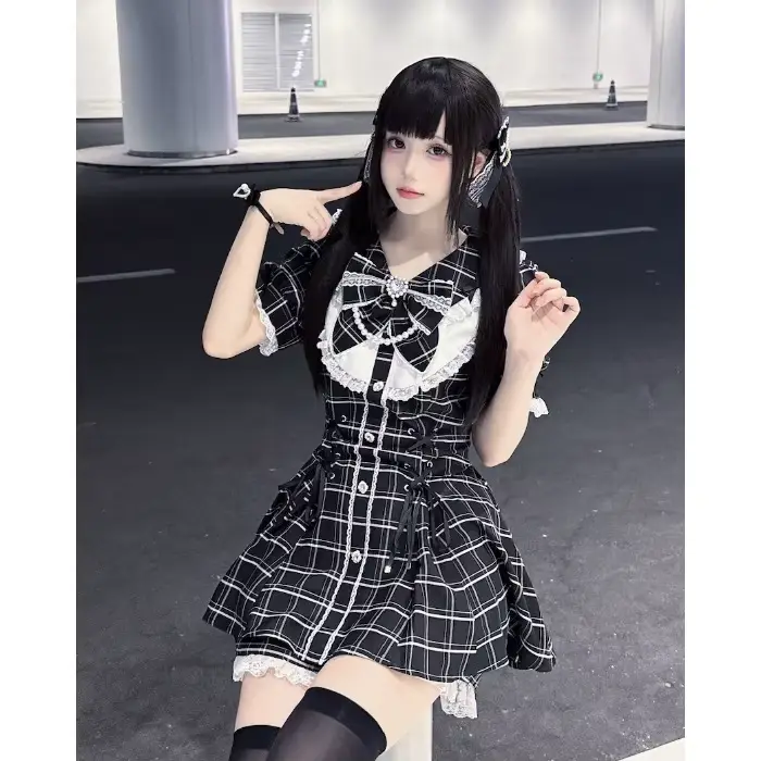 Robe chemise rétro grise à carreaux pour femme, style collège, avec petit nœud papillon et taille ci