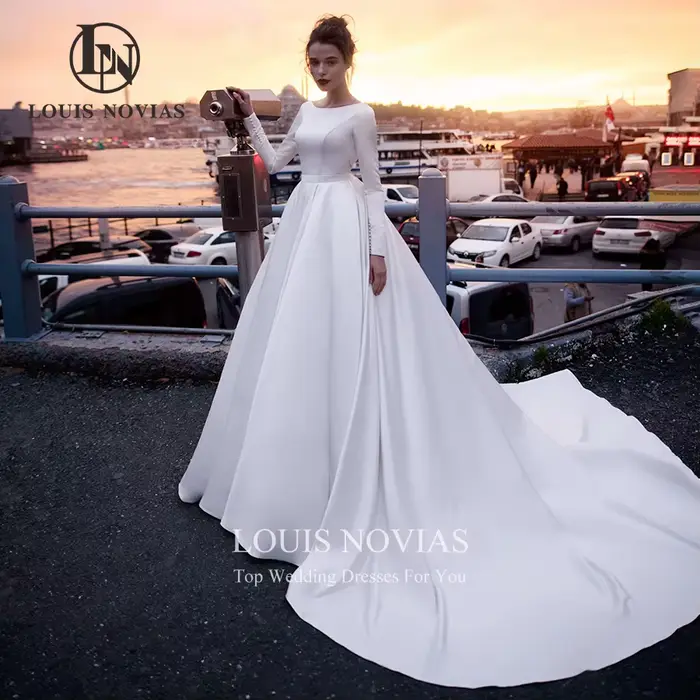 Modiis-Robe de Mariée en Satin pour Femme, Élégante, Simple, Encolure en V, Manches sulf, Sexy, Lign