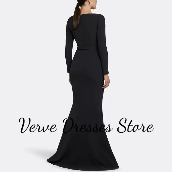 Robes de soirée modestes pour femmes, style sirène/trompette, en jersey noir, robe de bal sans bretelles avec ceinture en strass, robe de gala longue 2026