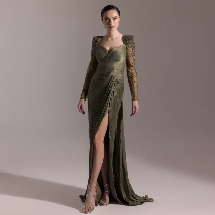 Sharon Said élégant Beige à manches longues robe de soirée plissée perlée haute fente femmes robes de soirée de mariage SF409 personnalisé