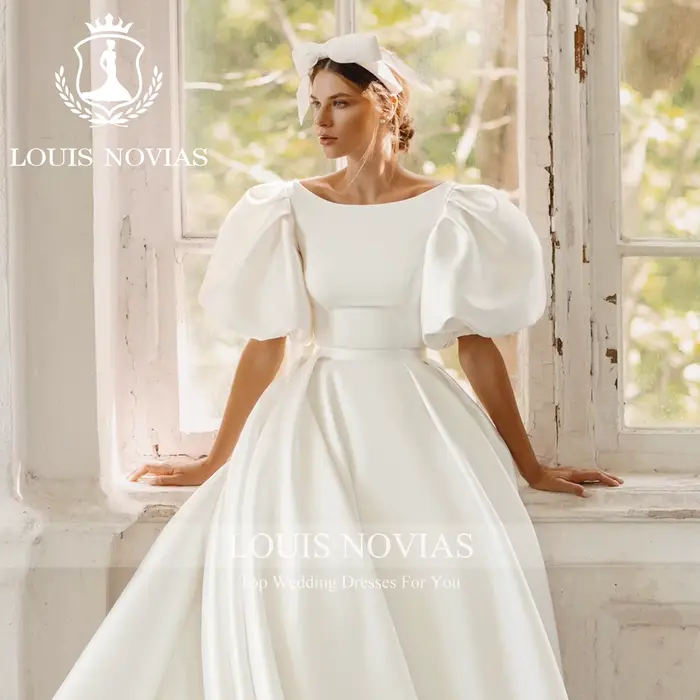 LOUIS NOVIAS sirène Satin robes De mariée Simple romantique SCOOP manches bouffantes détachable Train robe