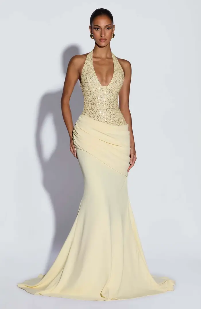 Robe de soirée pour femme Flykcoozooi, col halter, paillettes, robe de soirée sirène moulante froncé