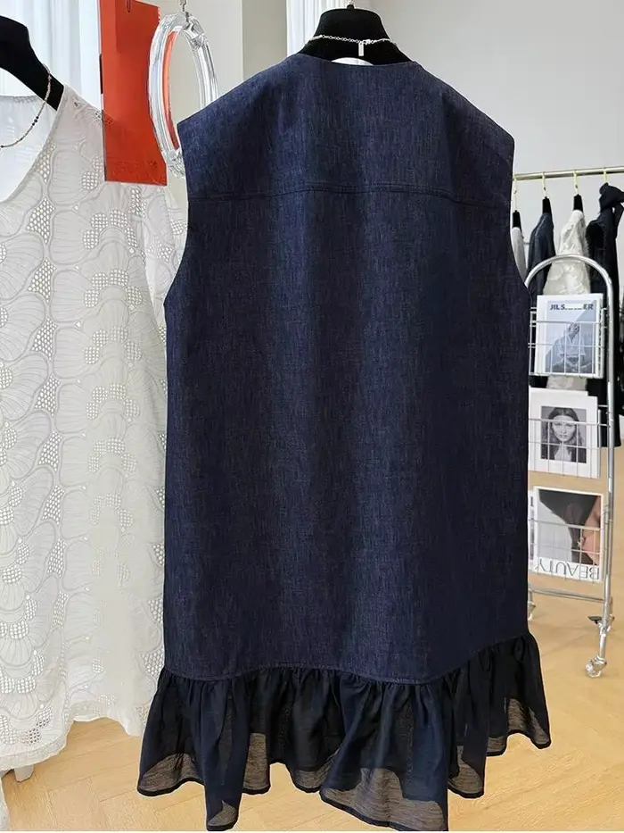 Robe sans manches pour femmes, col rond, mini, double boutonnage, polyester, silhouette une ligne, été 2024, coupe régulière, léger extensible, occasions estivales