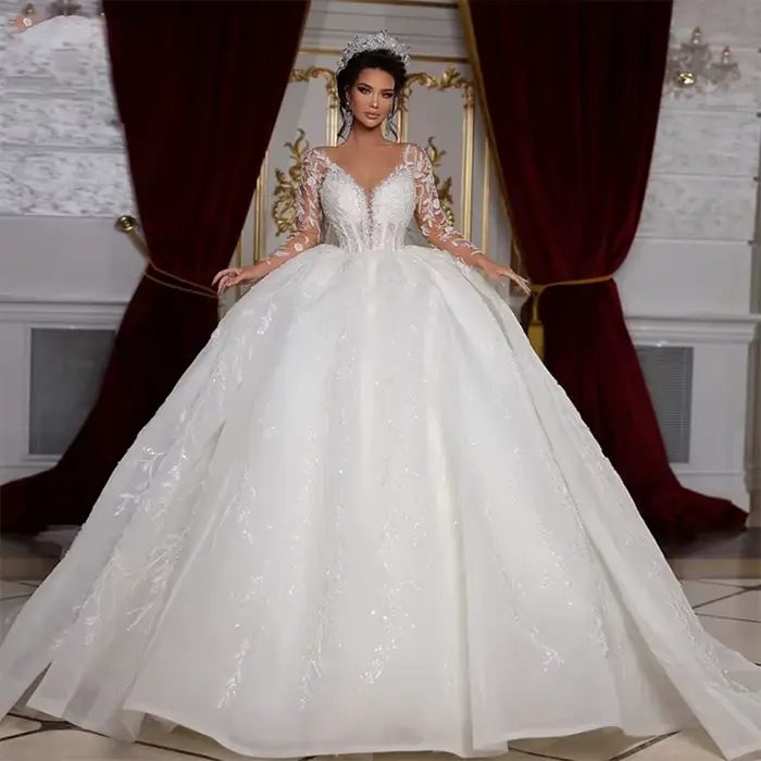 Robes de mariée baroques, dentelle brodée sur tulle avec perles, robe de princesse à manches longues