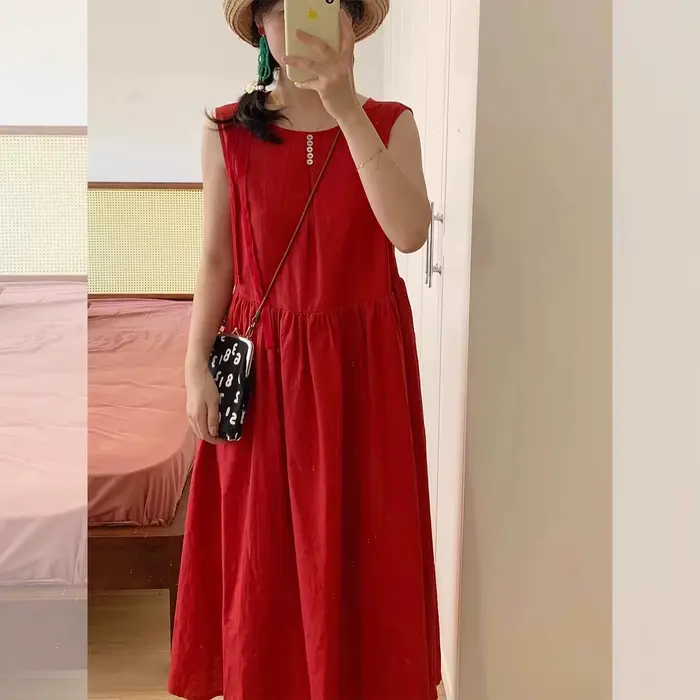 Robe longue décontractée sans manches style vacances à la plage rouge pour femme, avec taille ample,