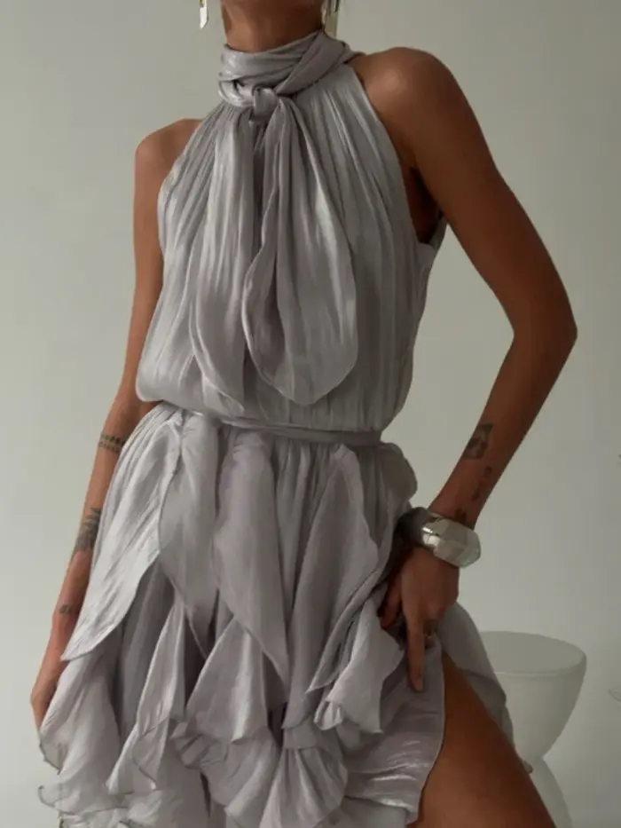 Robe mini plissée à volants cascade sexy pour femme