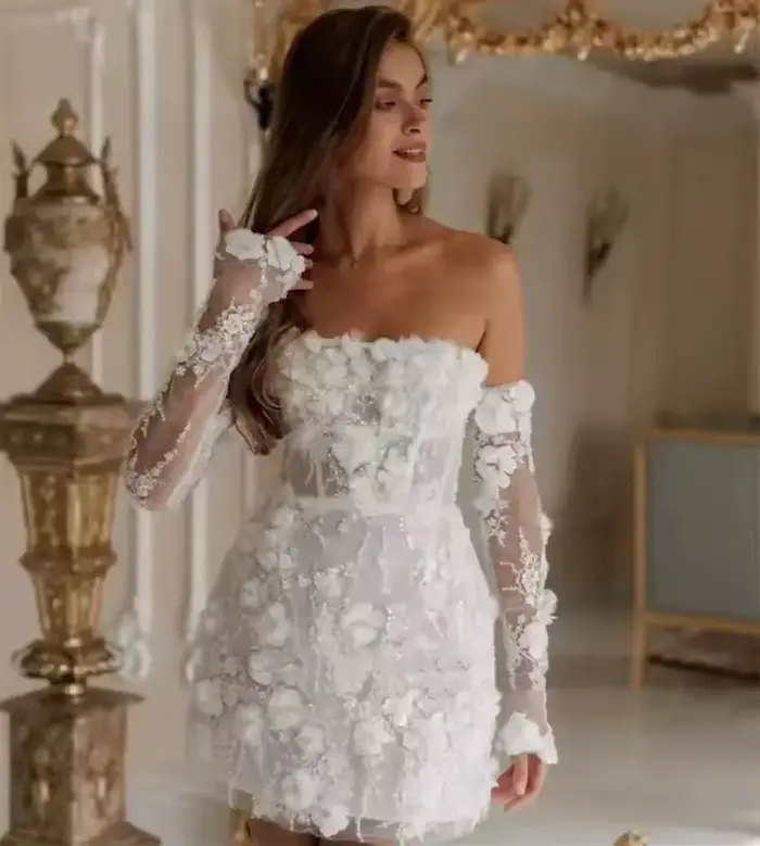Robes de mariée courtes perlées de luxe arabie saoudite dentelle appliques florales manches longues robe de mariée Mini robe de soirée de bal personnaliser