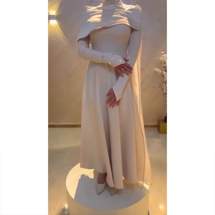 Robe de soirée musulmane élégante, col haut, manches longues, longueur cheville, robe de bal, mode plissée en cristal, ligne A, personnalisée