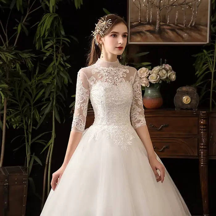 Robe de mariée musulmane en dentelle col haut demi-manches vintage personnalisée pour femmes occasions spéciales