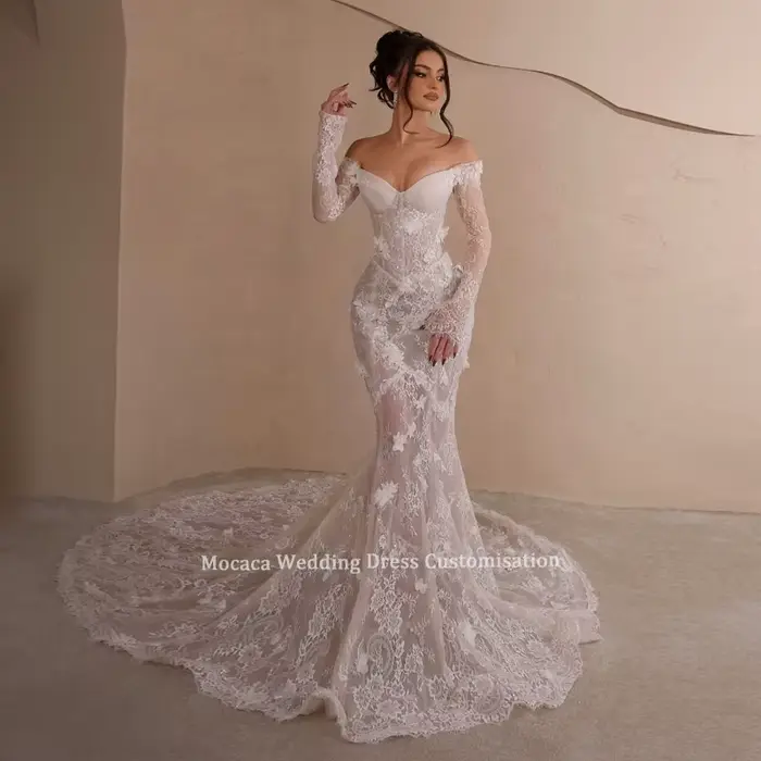 Robe de mariée Mocaca personnalisée en chiffon et satin, avec soutien-gorge intégré, forme trompette/sirène, décolleté haut, disponible en blanc, champagne, ivoire et multi, pour mariages et événements formels