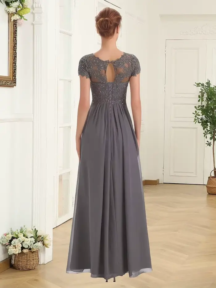 Robes de mère de la mariée personnalisées pour femmes, en dentelle, avec appliques, en mousseline de soie longue, à manches courtes, ornées de perles, pour invitées de mariage