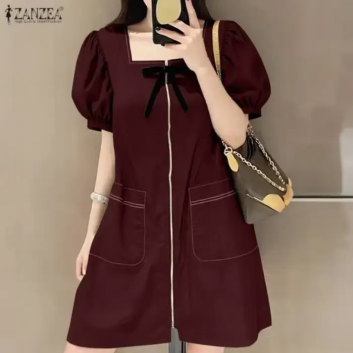 Robe ZANZEA élégante pour femme, col carré, manches courtes bouffantes, polyester, longueur genou, style urbain, solide, pour le travail ou les loisirs, collection été 2026
