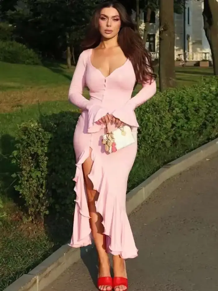 Flare à manches longues à volants Sexy robe Maxi femmes automne rose col en V simple boutonnage taille haute Club
