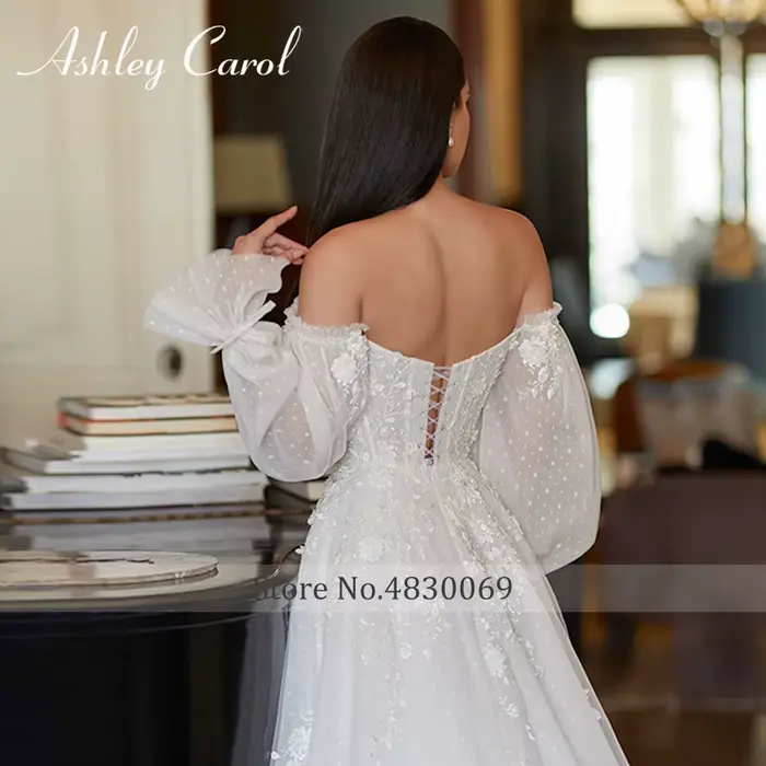 Robe de Mariée Bohème en Dentelle avec Perles et Manches Bouffantes pour Femmes Occasions Spéciales Mariages Proms Soirées de Célébrités