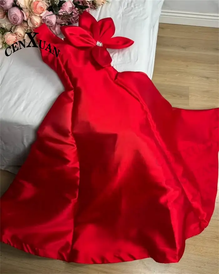 CENXUAN gracieux a-ligne robes De soirée avec fleur 3D bretelles Spaghetti Satin femmes