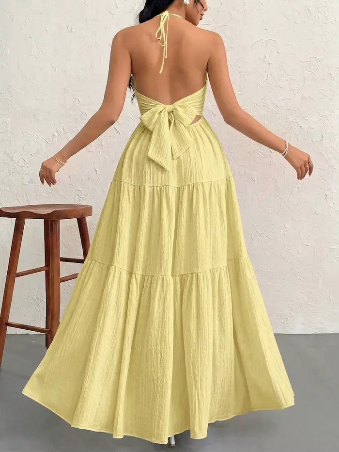 Robe décontractée style bohème jaune à volants dos nu col halter pour femmes printemps été vacances plage romantique sorties nocturnes