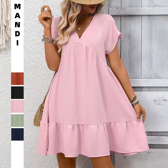 Robe d'été 2026 pour femme, à volants, col en V, couleur unie, silhouette gracieuse, matériau polyester, longueur aux genoux, pour les vacances et occasions spéciales