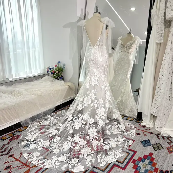 Mryarce – robe de mariée sirène en dentelle brodée à paillettes plongeantes