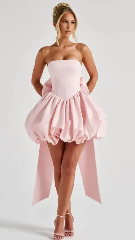 Robe de graduation rose personnalisée avec grand nœud, bustier, en satin ivoire, courte, mini, coupe trapèze, simple, formelle, pour soirée, bal de promo ou retour à la maison