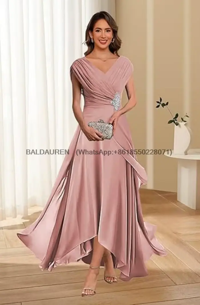 Robe de soirée en mousseline de soie avec appliques en dentelle pour la mère de la mariée, style classique, longueur au sol, col en V, manches courtes, occassions spéciales