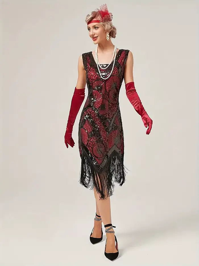 Robe de soirée Charleston style Gatsby pour femmes robe cocktail sequins franges vintage col carré sans manches mi-mollets occasions spéciales