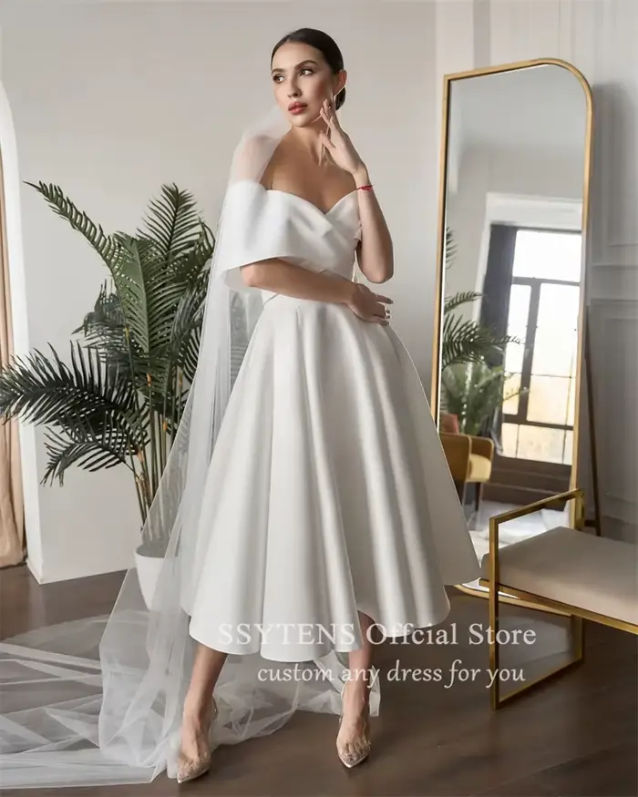Robe de mariée mi-longue en satin doux pour femmes, robes de mariée blanches, longueur de thé spécia