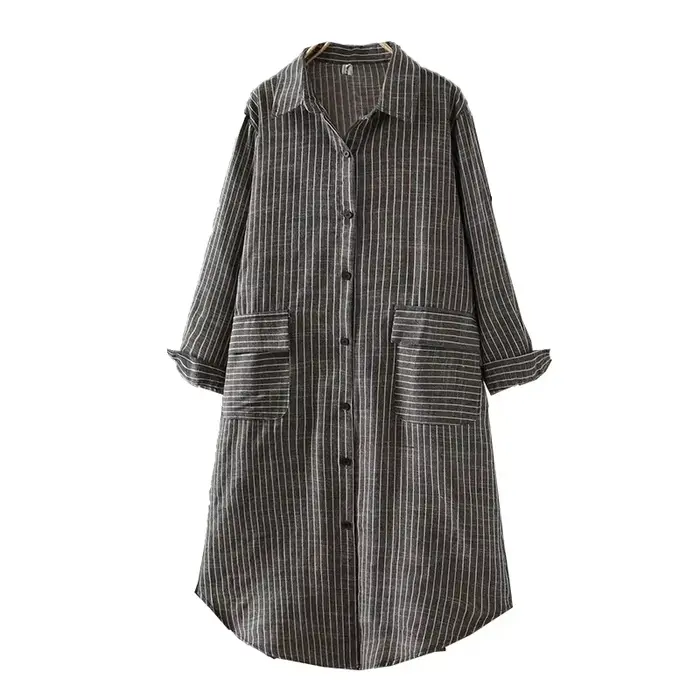 Printemps 2025 décontracté rayure coton lin chemise robe femmes Vintage ample col Polo à manches longues ouvert Cardigan jupe Midi