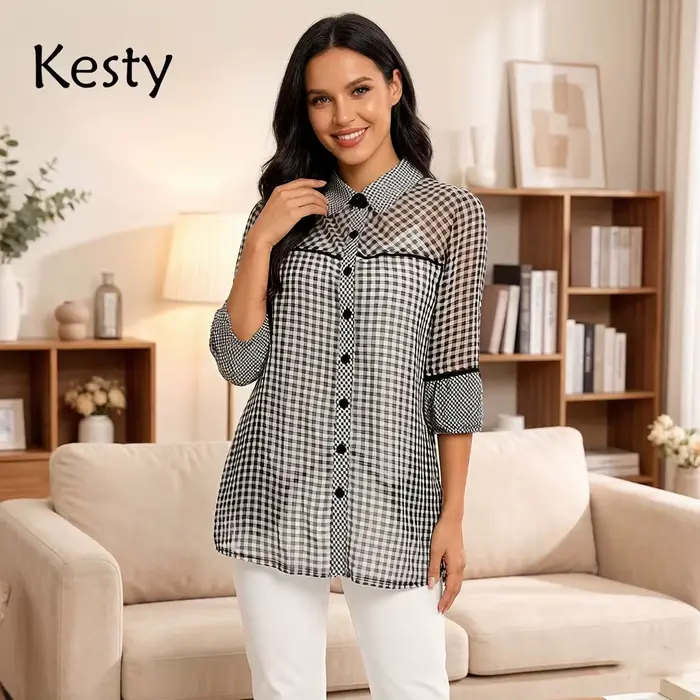 Robe chemise à carreaux vichy noire et blanche décontractée pour femmes grandes tailles printemps automne occassions décontractées