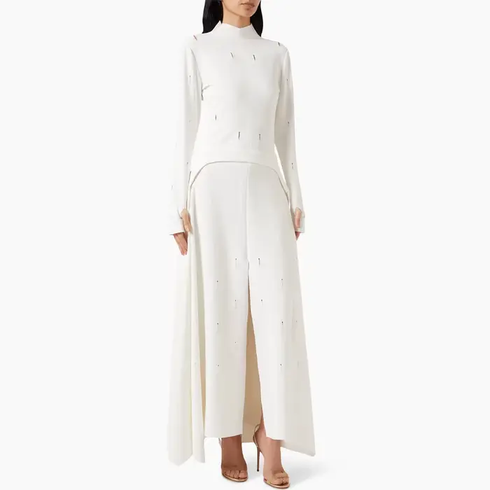 Robe de soirée blanche élégante, col haut, manches longues, longueur cheville, robe de bal, fente tr