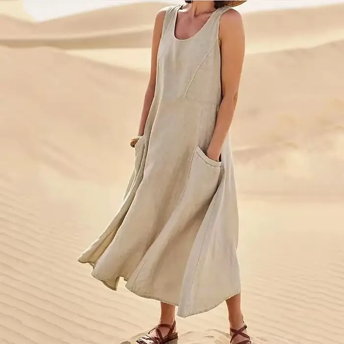 Robe élégante sans manches en coton et lin pour femmes