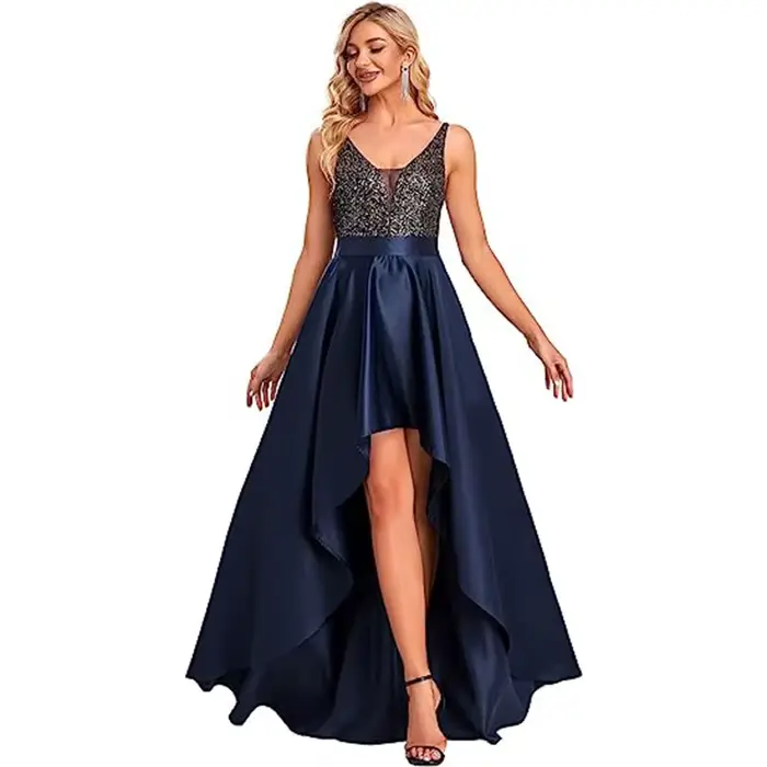 Robe dorée col en V asymétrique à plissé pour soirées officielles femmes occasions spéciales