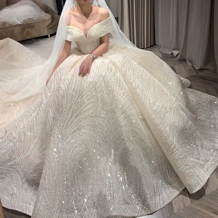 Robe de mariée de luxe à paillettes col bateau épaules dénudées personnalisée pour femmes grandes occasions spéciales