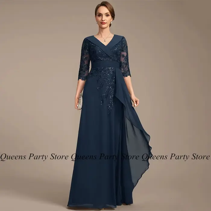Robe mère de la mariée élégante bleu marine, col en V, manches 3/4, appliques à paillettes, longueur