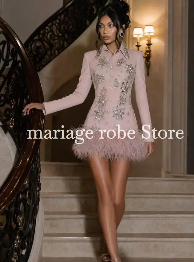 Mini robe de soirée rose, robe de cocktail de luxe avec jupe en plumes et cristaux, manches longues,