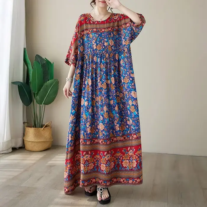 Robe d'été grande taille en soie style bohème col rond manches courtes imprimé floral ample pour femmes sorties décontractées et occasions spéciales