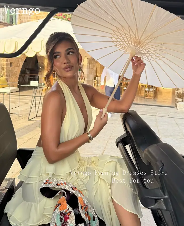 Robe de soirée jaune sexy Verngo style sirène dos nu fente latérale mariage bal de promo personnalisable polyesters élégante occassions spéciales