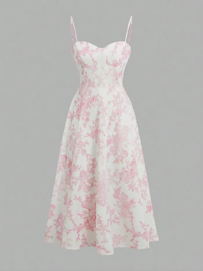 Robe élégante à imprimé floral rose avec fines bretelles et taille évasée