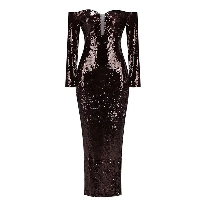 Robes longues à paillettes marron chocolat à épaules dénudées – Robe de soirée à manches longues en 