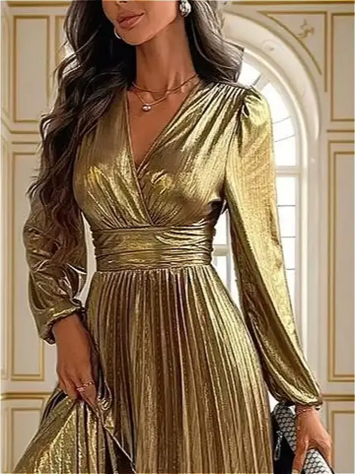 Robe longue en polyester et élasthanne élégante pour femmes, col en V, plissée, manches bouffantes, or, pour mariage, banquet, soirée festive