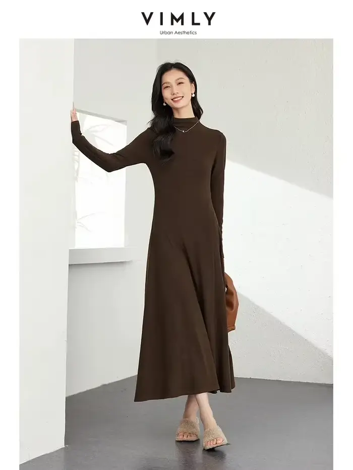 Robe longue en coton et acrylique tricoter avec col mi-haut pour femmes élégantes automne hiver à offrir