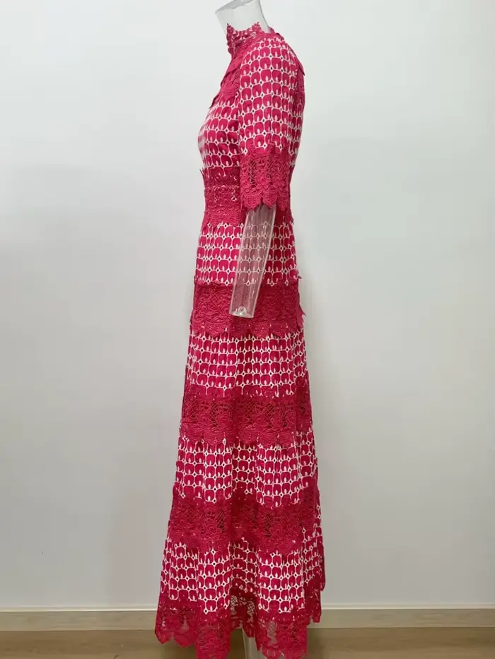 Eshin Style élégant 2025 été nouveau Chic dames robe mi-longue rouge avec manches courtes motif Unique détail fluide à plusieurs niveaux TH9652