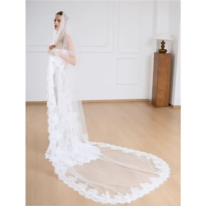 Mantille cathedrale mariage voile de mariée dentelle garniture avec peigne blanc ivoire polyestere deux couches accessoires pour femmes occasions speciales