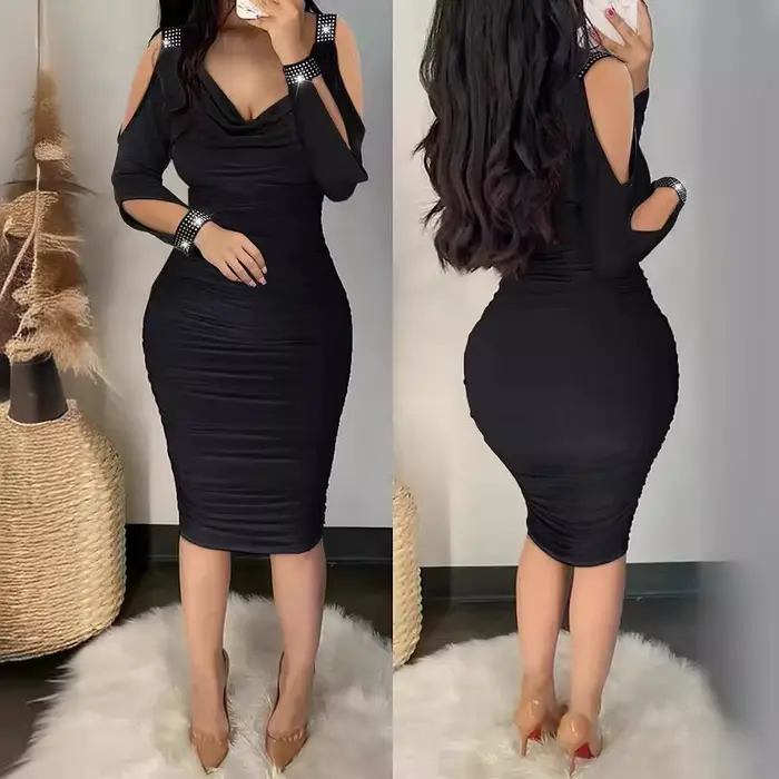 Robes serrées dames Sexy mode couleur unie vêtements col en v femmes plissé enveloppes hanches diamant incrusté robe à épaules nues