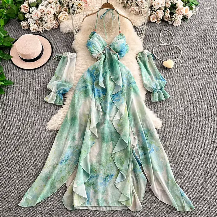 Robe en mousseline de soie pour les vacances d'été à la plage, nouvelle mode féminine, sexy, dos nu,