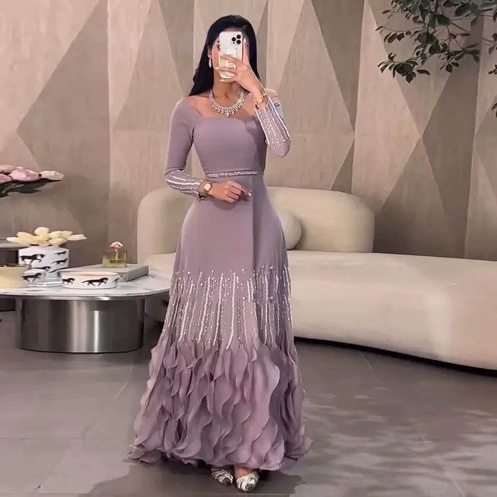 Robe de soirée de luxe à volants lilas