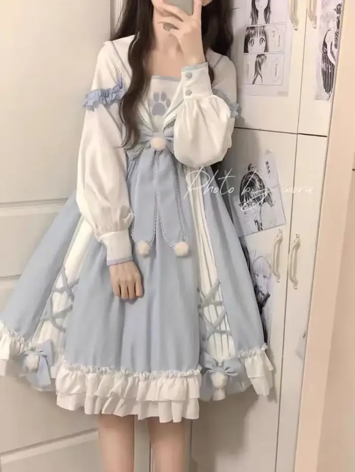 Robe Lolita bleue surdimensionnée pour femmes, col marin, nœud, manches courtes, style décontracté, printemps été, occassions spéciales